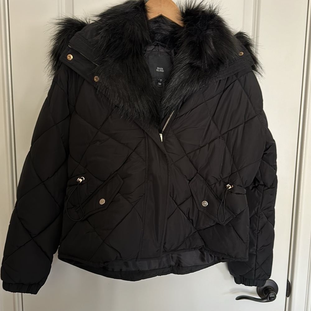 NEW River Island Quilted Puffer Coat w/Hood, Removable Fur Trim, Black sz 8 & 10